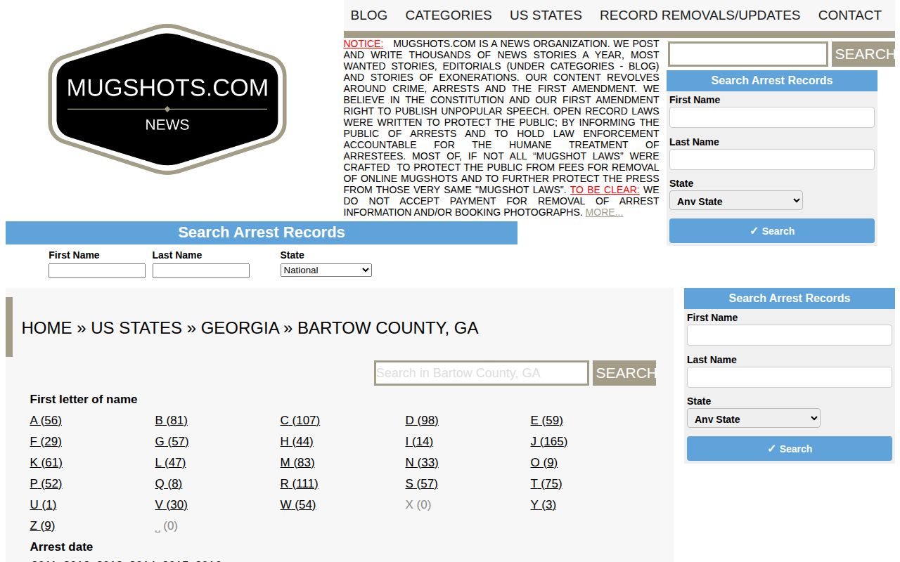 Mugshots.com Bartow County secondary archive landing page