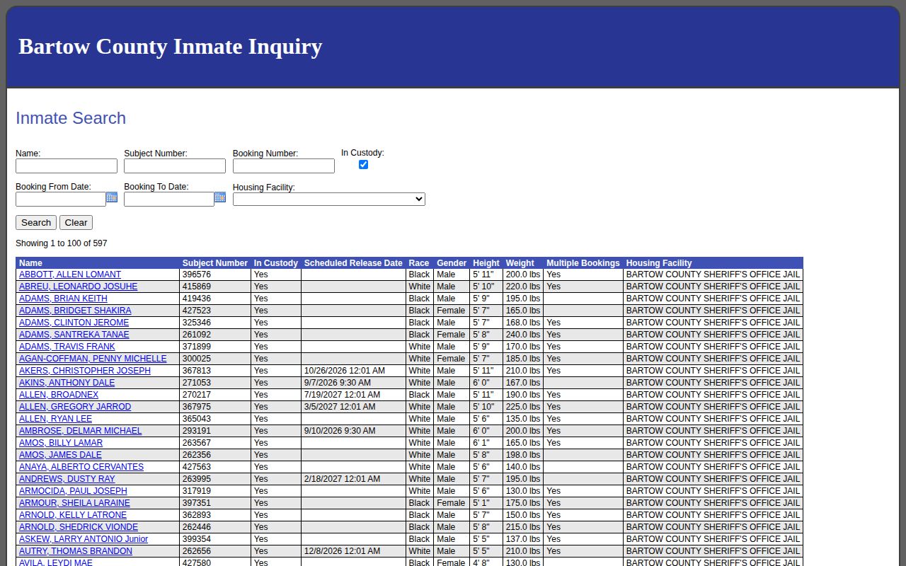 Bartow County current custody roster search