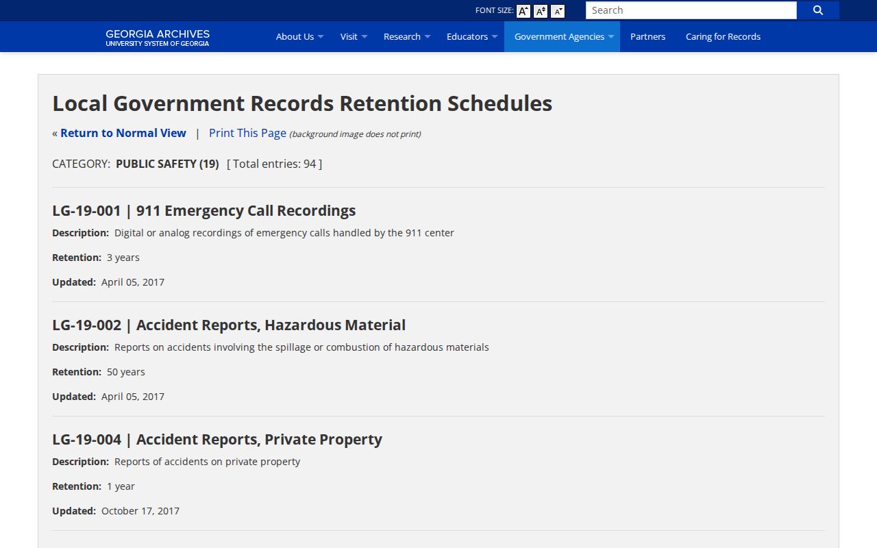 Georgia Archives local public-safety retention schedule for Bartow records