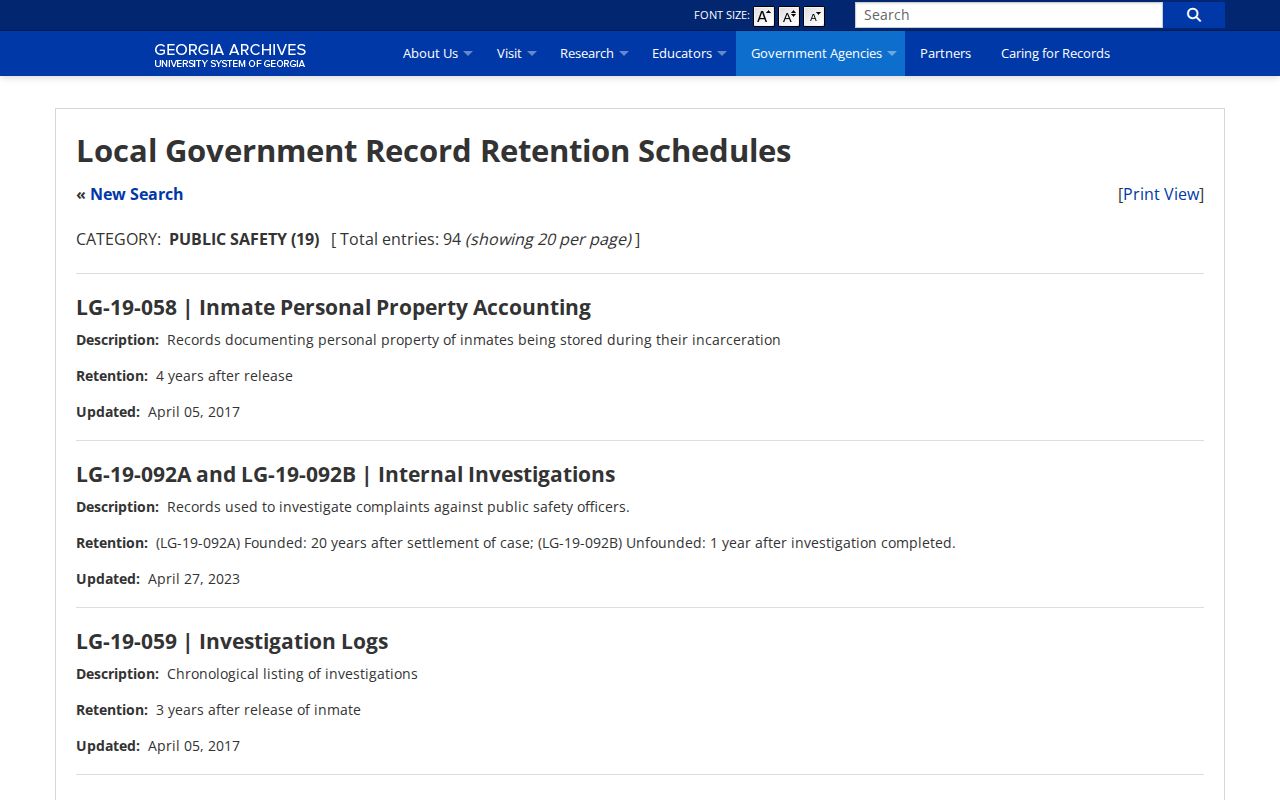 Bartow County Georgia Archives local-government records schedule