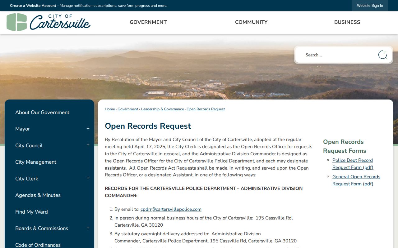 Bartow County Cartersville Police open-records request information